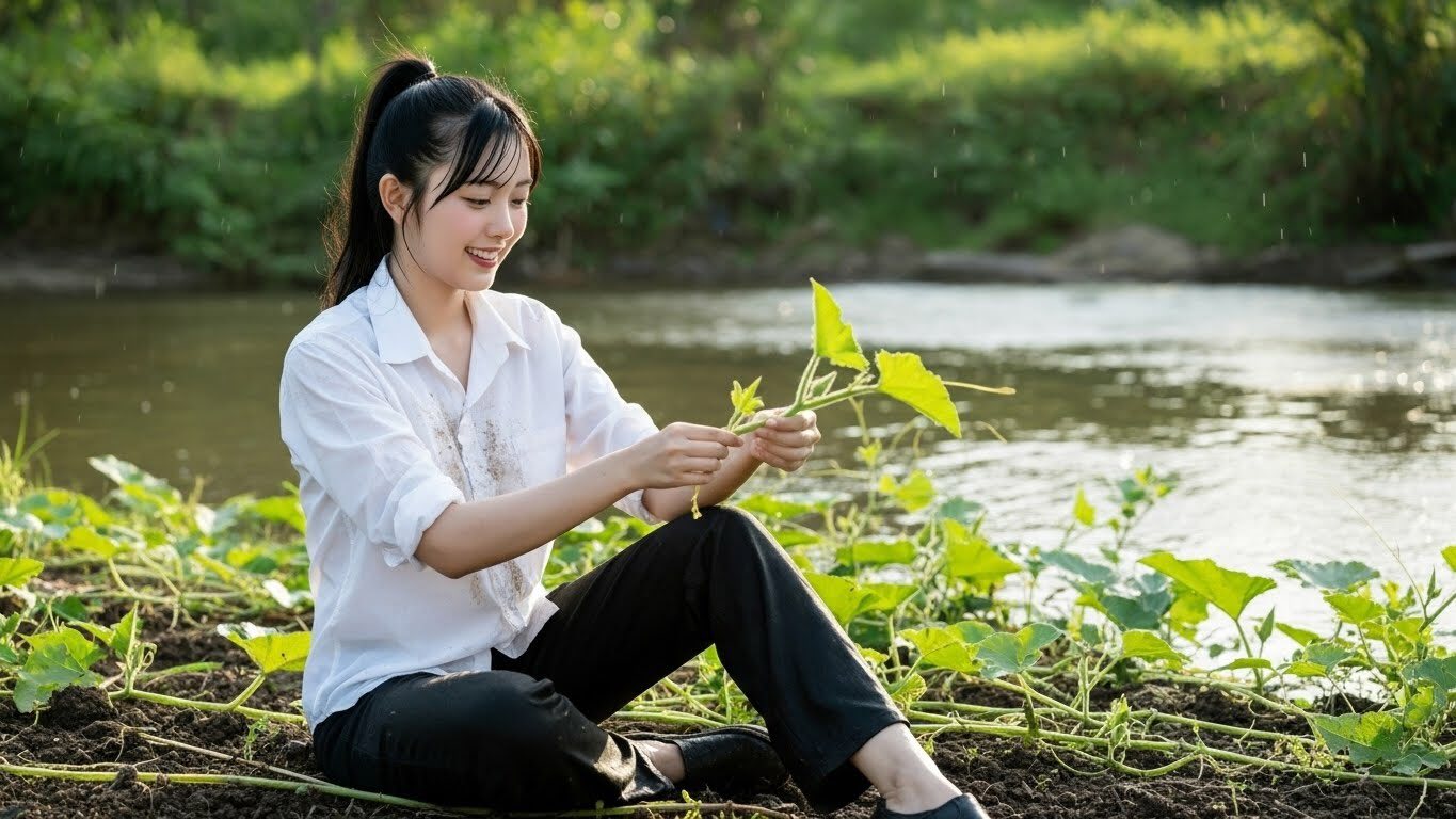 “She Sat by the River Picking Leaves — No One Realized What This Moment Really Meant”